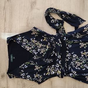 Ralph Lauren Blue Floral Tea-Length Dress w/ Sash